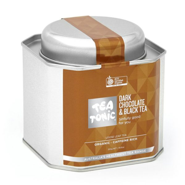 Dark Chocolate and Black tea in metal caddy - Tea Tonic looseleaf tea            TT-DBTT