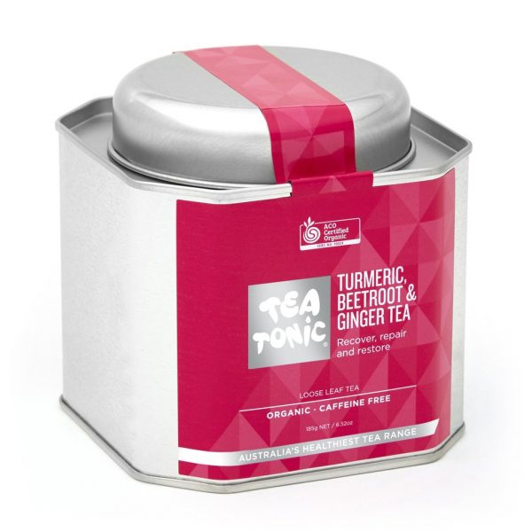 Tumeric, Beetroot and Ginger tea in metal caddy - Tea Tonic looseleaf tea            TT-TBTT